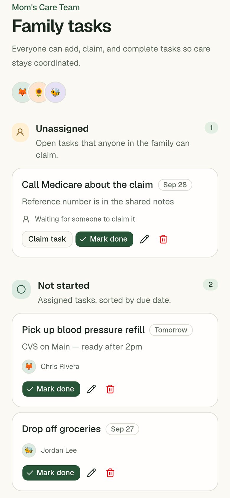 Kinduty on a phone: a family's shared task list with an unassigned task anyone can claim, and tasks assigned to two siblings.